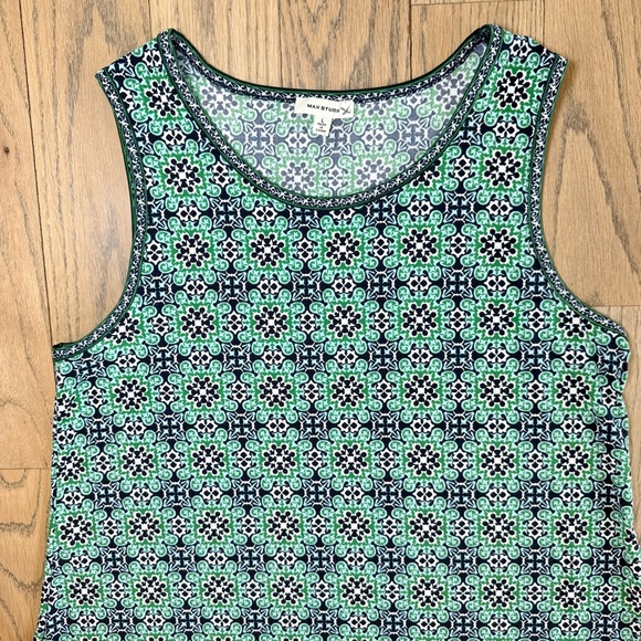 Max Studio Women’s Sleeveless Green and Blue Geometric Patterned Trapeze Dress L - Picture 3 of 13
